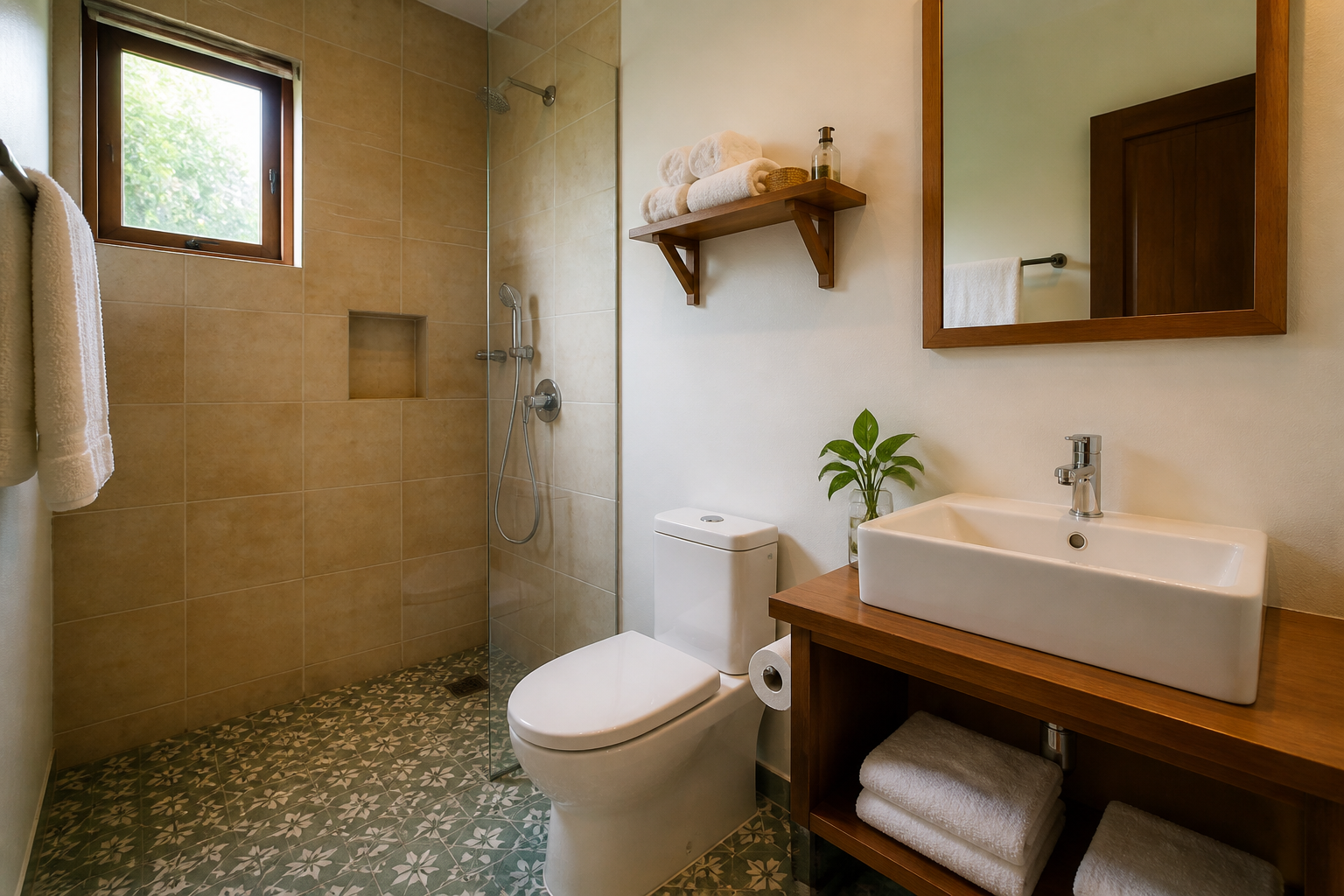 Illustrative shower and wash basin in a homestay bathroom